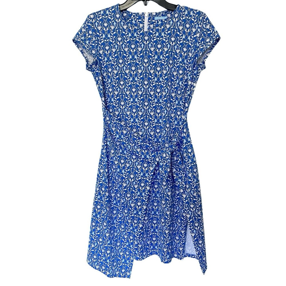 J MCLAUGHLIN Havana Catalina Cloth Sheath Dress Floral Blue Bird Faux Wrap Sz XS - Picture 2 of 9